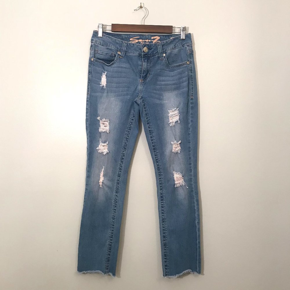 SEVEN7 -SLIM STRAIGHT- Distressed Blue Jeans 6P